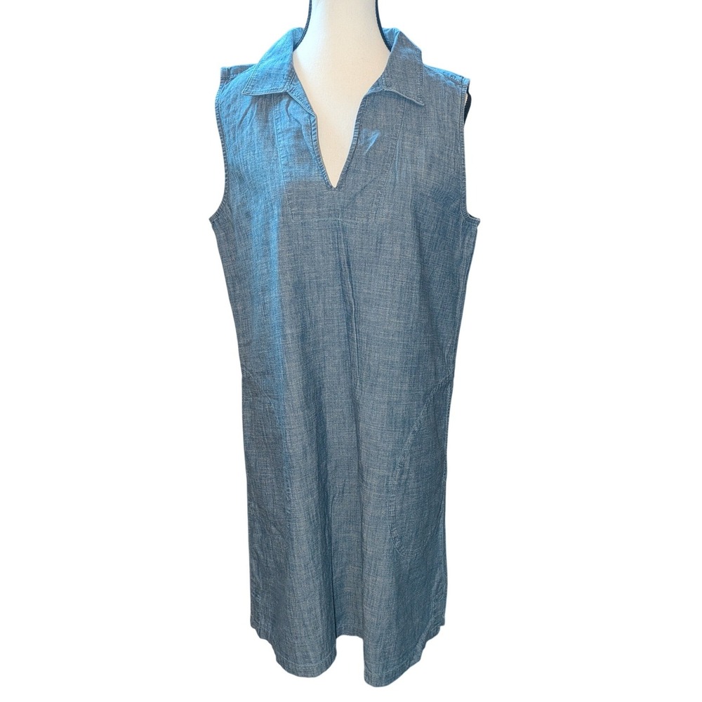 Lands End Womens Blue Cotton Chambray Sleeveless V-Neck Dress Pockets M 10-12